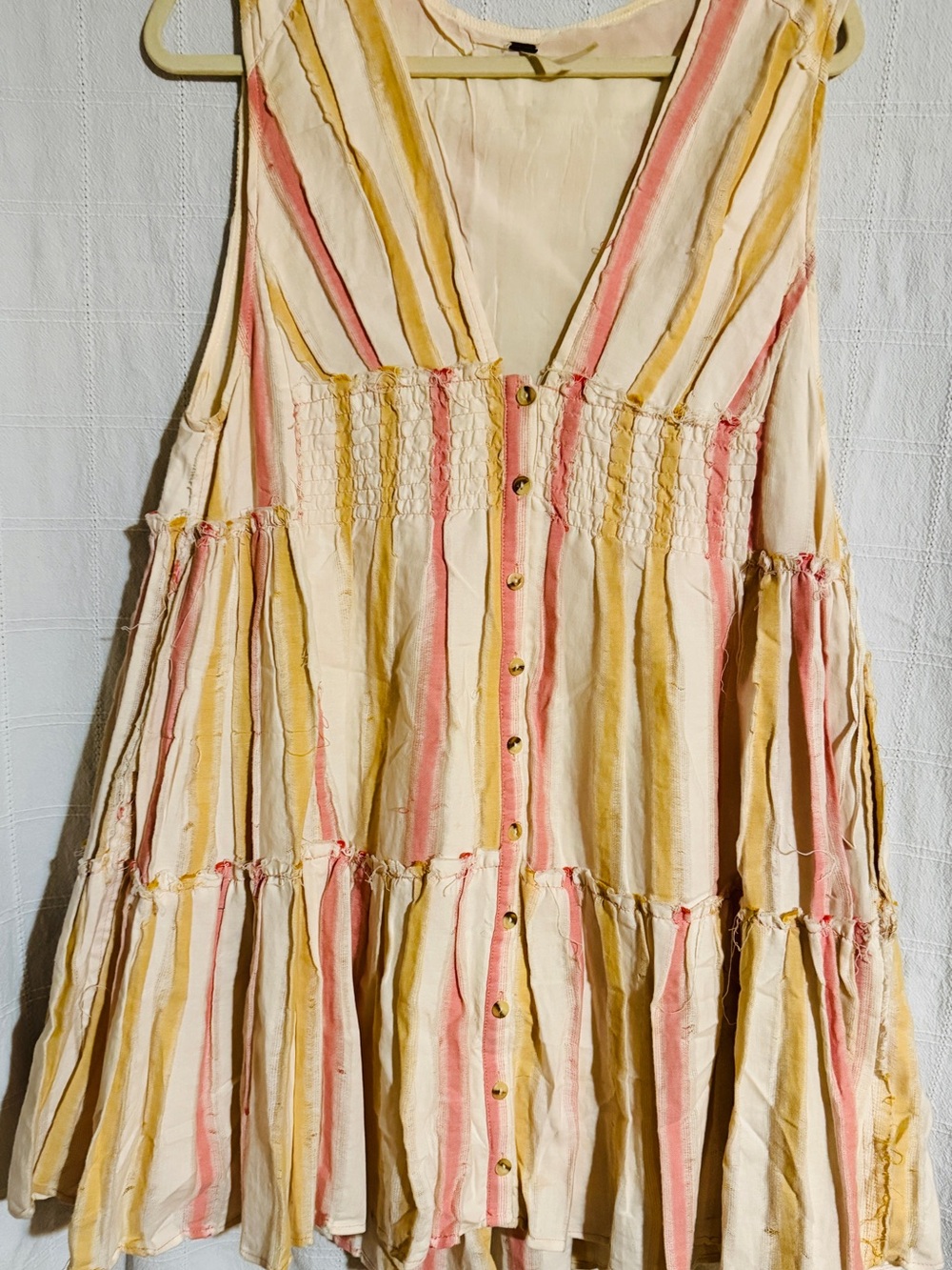 Free People Striped Tiered Mini Dress in Cream, Pink & Yellow